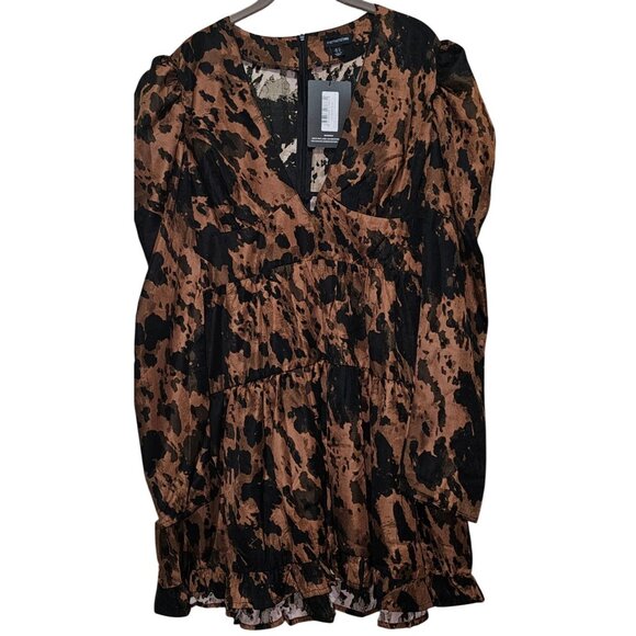PrettyLittleThing Brown & Black Animal Print Mini Dress With Puff Sleeves & Tier - Picture 1 of 6